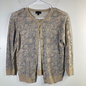 Womens The Limited Linen Blend Cropped Cardigan 3/4 Sleeve S Tan White Black Pat